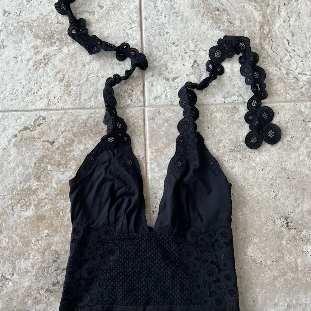 Catherine Malandrino Black Eyelet Plunging 100% Cotton Halter Top Sundress, 2 - Picture 10 of 11
